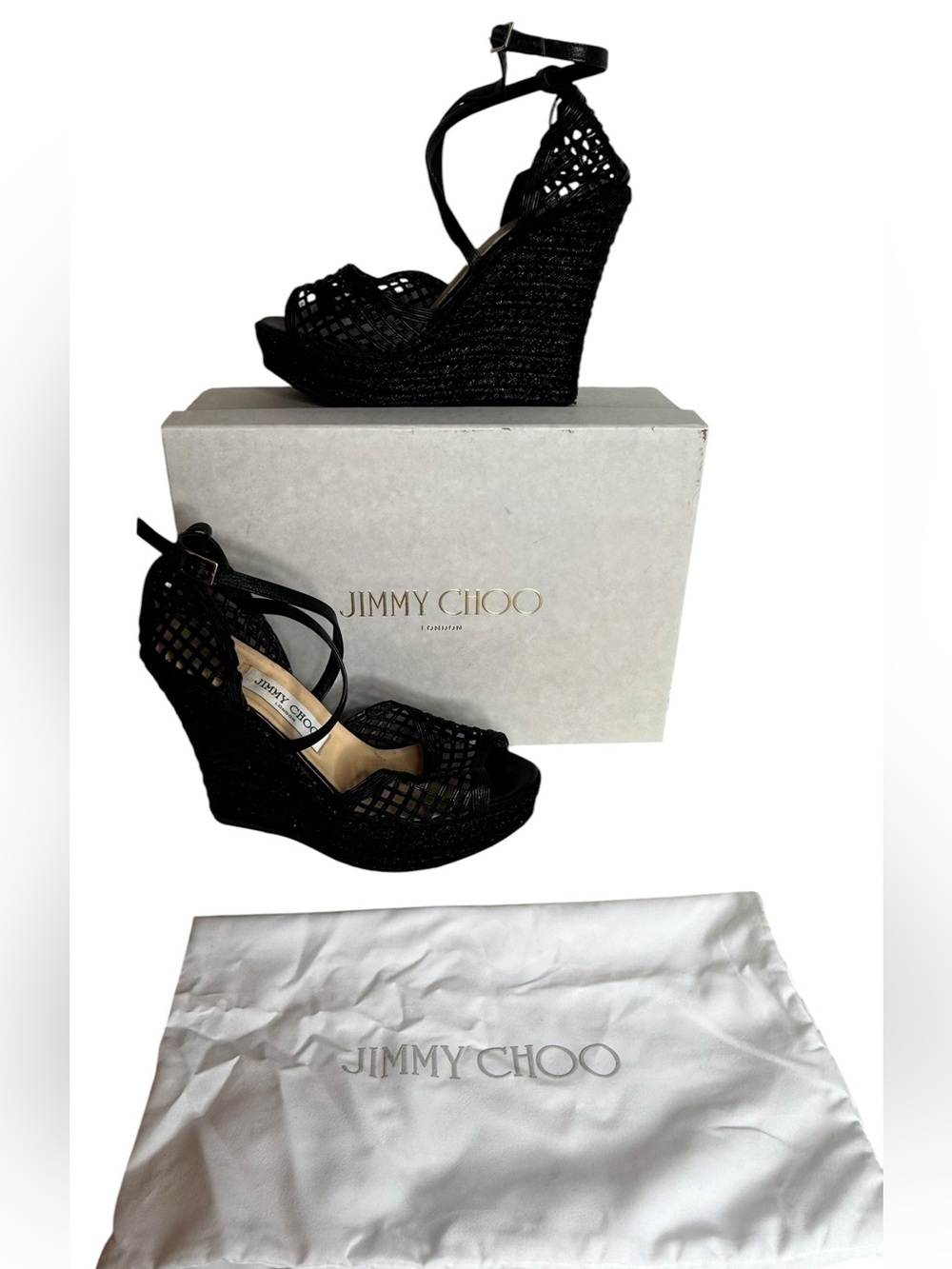 Jimmy Choo Black Crossover Strap Boho Resortwear Wedge Sandals size 38